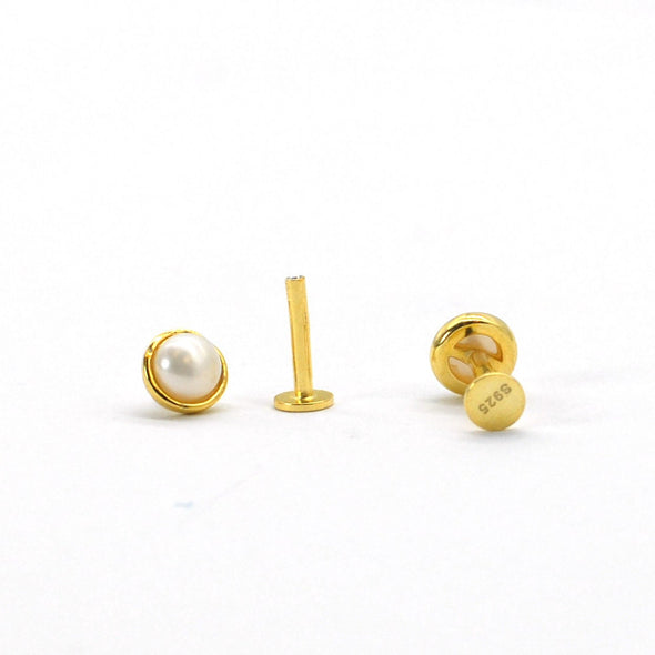 1PC/1 Pair Vermeil Solid Sterling Silver Vermeil Freshwater Pearl internally threaded earring, Conch Earring, Cartilage Stud, 16g YCZ889