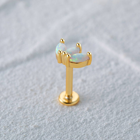 Solid Sterling Silver, Vermeil Opal Bead Marquise Flat Back internally threaded Labret Earrings,Conch Cartilage Helix Tragus Stud 16g YCZ201