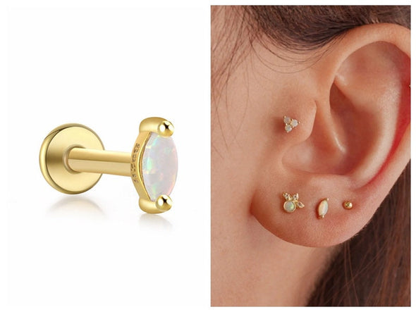 Solid Sterling Silver, Vermeil Opal Bead HorseEye Flat Back internally threaded Labret Earrings,Conch Cartilage Helix Tragus Stud 16g YCZ202