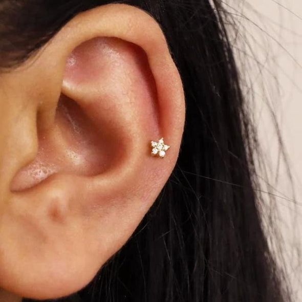 1PC/1 Pair Sterling Silver CZ Flower, Star Flat Back internally threaded earring, Conch Earring, Cartilage Earrings, Tragus Stud 16g YCZ884