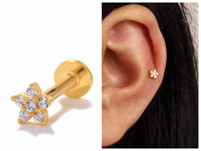 1PC/1 Pair Sterling Silver CZ Flower, Star Flat Back internally threaded earring, Conch Earring, Cartilage Earrings, Tragus Stud 16g YCZ884