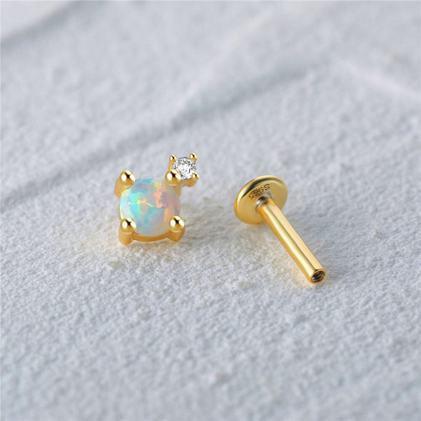 Solid Sterling Silver, Vermeil Opal Bead Flat Back internally threaded Labret Earrings,Conch Earring, Cartilage Helix Tragus Stud 16g YCZ203
