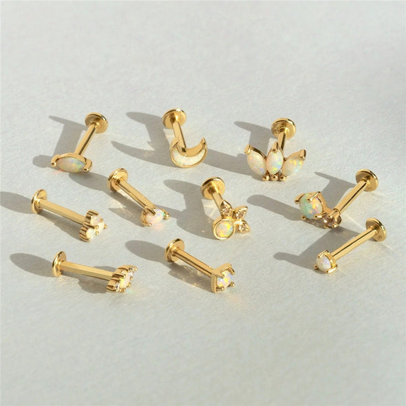 Solid Sterling Silver, Vermeil Opal Bead Flat Back internally threaded Labret Earrings,Conch Earring, Cartilage Helix Tragus Stud 16g YCZ203