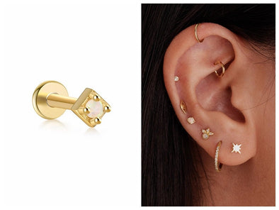 Solid Sterling Silver, Vermeil Tiny Opal Bead Flat Back internally threaded Labret Earrings, Conch Cartilage Helix Tragus Stud 16g YCZ204