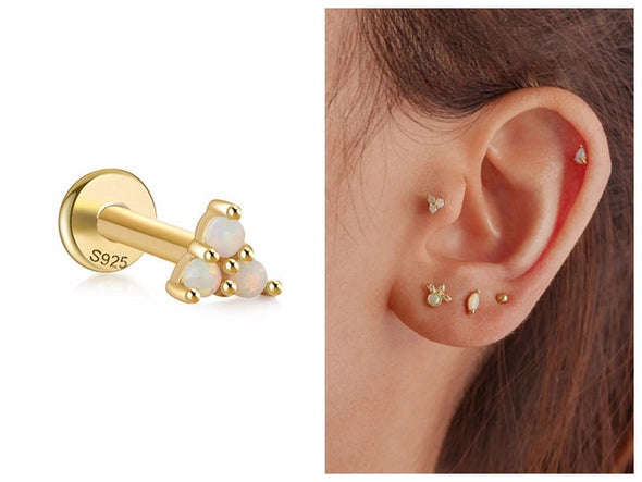 Solid Sterling Silver, Vermeil Tiny Opal Bead Triangle Flat Back internally threaded Labret earring, Conch Cartilage Helix Tragus 16g YCZ205