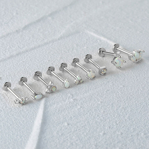 Solid Sterling Silver, Vermeil Tiny Opal Bead Triangle Flat Back internally threaded Labret earring, Conch Cartilage Helix Tragus 16g YCZ205