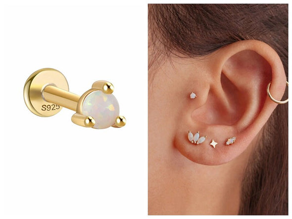Solid Sterling Silver, Vermeil Opal Bead Flat Back internally threaded earring Labret Earrings, Conch Cartilage Helix Tragus Stud 16g YCZ207