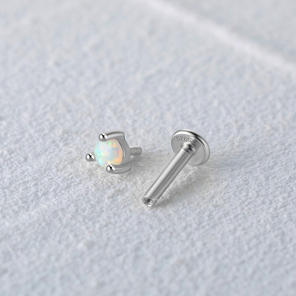Solid Sterling Silver, Vermeil Opal Bead Flat Back internally threaded earring Labret Earrings, Conch Cartilage Helix Tragus Stud 16g YCZ207