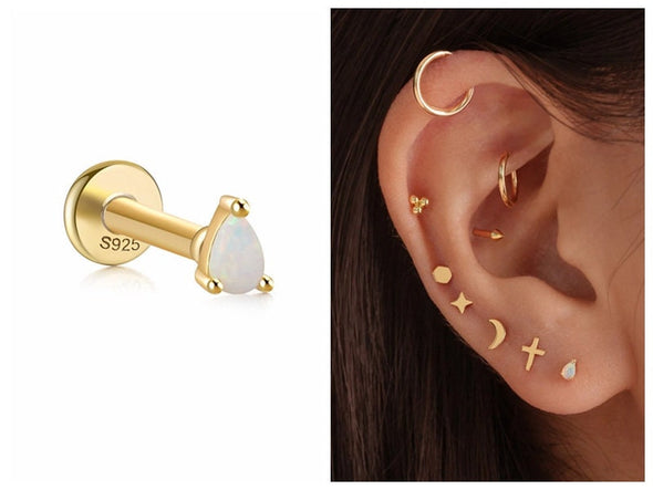 Solid Sterling Silver, Vermeil Opal Bead Flat Back internally threaded Labret Earrings, Conch Cartilage Helix Tragus Stud 16g YCZ208