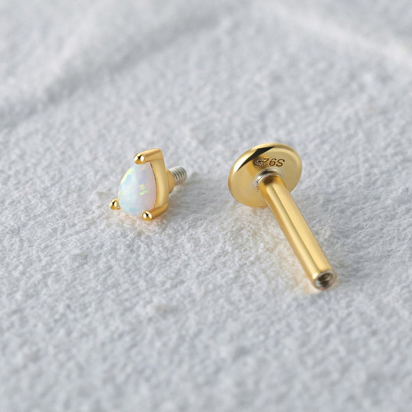 Solid Sterling Silver, Vermeil Opal Bead Flat Back internally threaded Labret Earrings, Conch Cartilage Helix Tragus Stud 16g YCZ208