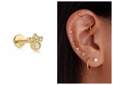 Solid Sterling Silver, Vermeil Opal Bead Flat Back internally threaded Labret Earrings, Pet Paw Conch Cartilage Helix Tragus Stud 16g YCZ209