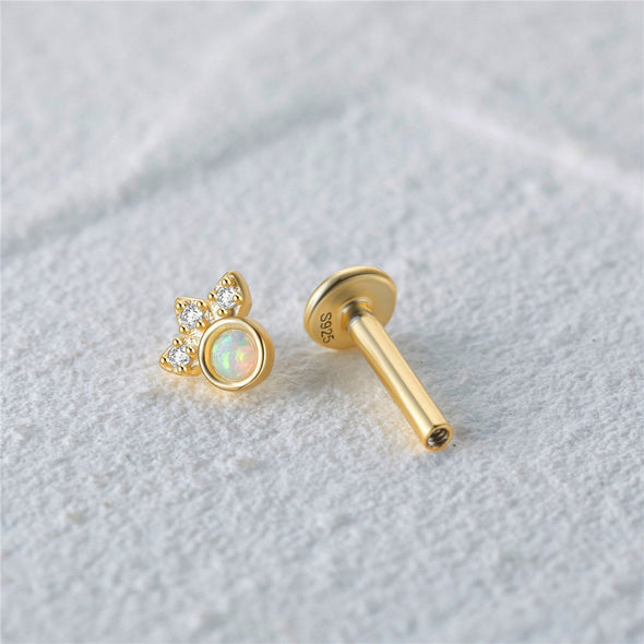 Solid Sterling Silver, Vermeil Opal Bead Flat Back internally threaded Labret Earrings, Pet Paw Conch Cartilage Helix Tragus Stud 16g YCZ209