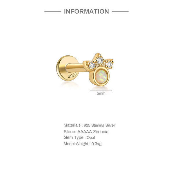 Solid Sterling Silver, Vermeil Opal Bead Flat Back internally threaded Labret Earrings, Pet Paw Conch Cartilage Helix Tragus Stud 16g YCZ209