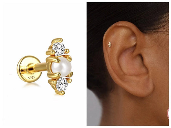 Solid Sterling Silver, Vermeil Freshwater Pearl Bead Pave Flat Back Labret internally threaded Earrings, Cartilage Helix Tragus 16g YCZ210