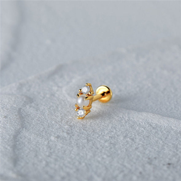 Solid Sterling Silver, Vermeil Freshwater Pearl Bead Pave Flat Back Labret internally threaded Earrings, Cartilage Helix Tragus 16g YCZ210