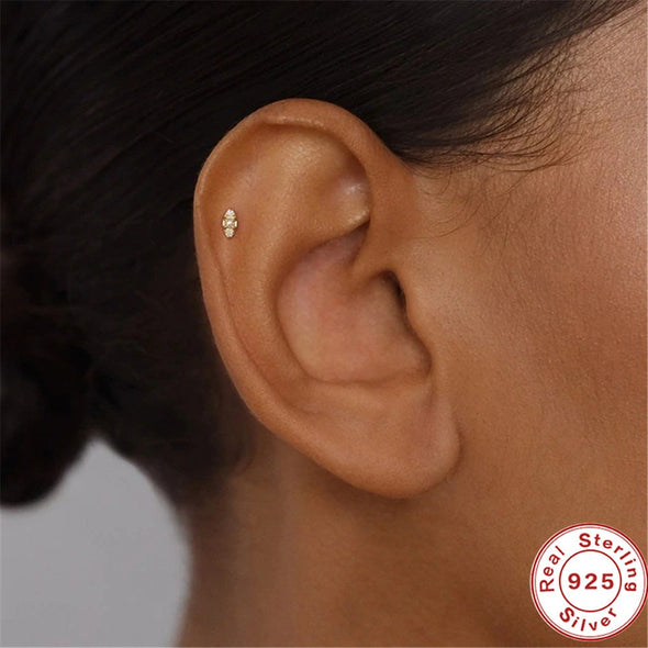 Solid Sterling Silver, Vermeil Freshwater Pearl Bead Pave Flat Back Labret internally threaded Earrings, Cartilage Helix Tragus 16g YCZ210