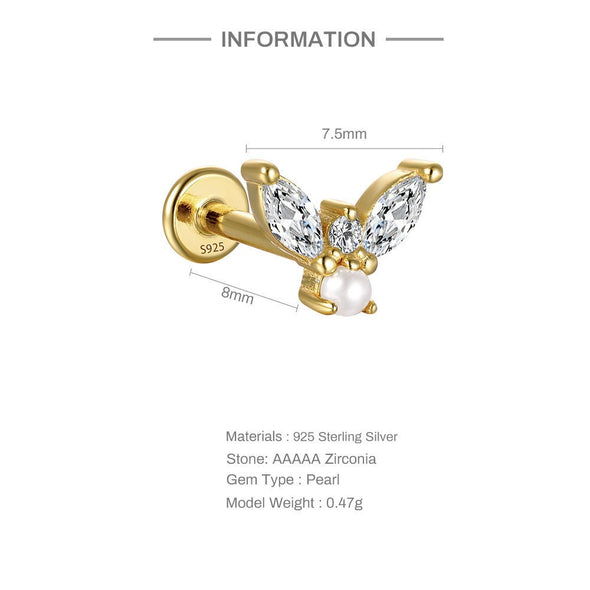 Solid Sterling Silver, Vermeil Freshwater Pearl Bead Butterfly Flat Back internally threaded Labret Cartilage Helix Tragus Stud 16g YCZ211