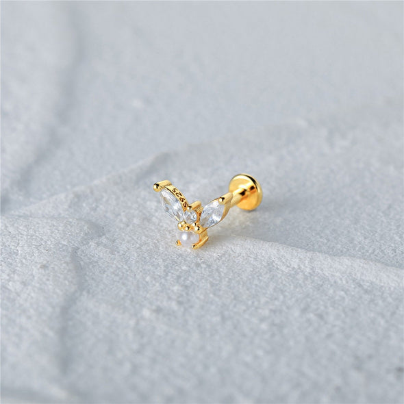 Solid Sterling Silver, Vermeil Freshwater Pearl Bead Butterfly Flat Back internally threaded Labret Cartilage Helix Tragus Stud 16g YCZ211