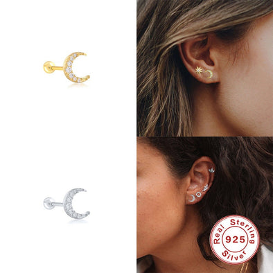 Solid Sterling Silver CZ Pave Crescent Moon Screw Back Earrings, Cartilage Earrings, Helix Tragus Stud Earrings, Minimalist YCZ212