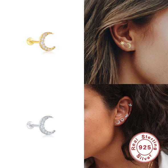 Solid Sterling Silver CZ Pave Crescent Moon Screw Back Earrings, Cartilage Earrings, Helix Tragus Stud Earrings, Minimalist YCZ212