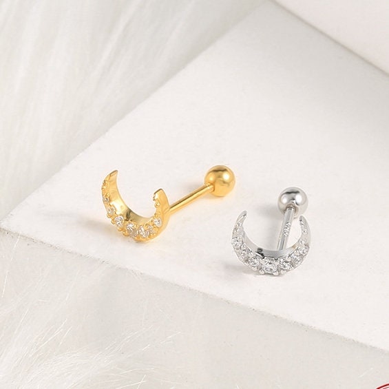 Solid Sterling Silver CZ Pave Crescent Moon Screw Back Earrings, Cartilage Earrings, Helix Tragus Stud Earrings, Minimalist YCZ212