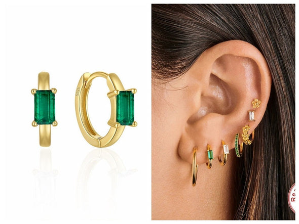 Solid Sterling Silver Vermeil Huggies Earrings, Green Cubic Zirconia Hoop Earrings, Minimalist Huggies Earrings, Cartilage Earrings YCZ213