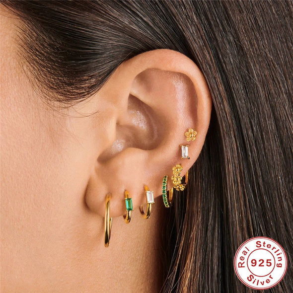 Solid Sterling Silver Vermeil Huggies Earrings, Green Cubic Zirconia Hoop Earrings, Minimalist Huggies Earrings, Cartilage Earrings YCZ213