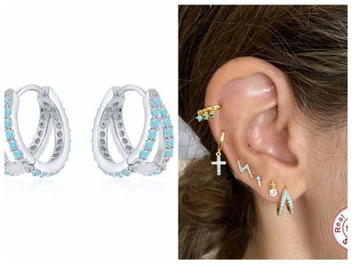 Solid Sterling Silver Double Hoop Huggies, CZ Micro Pave Hoop Earrings, minimalist Huggies,  Cartilage Earrings, Hoop 12mm YCZ214