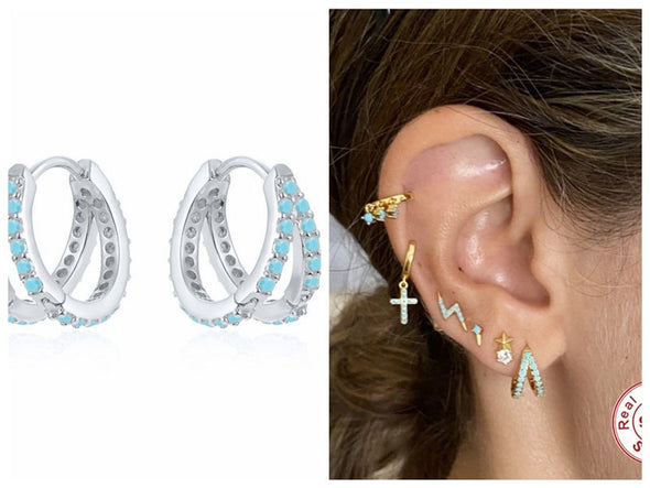 Solid Sterling Silver Double Hoop Huggies, CZ Micro Pave Hoop Earrings, minimalist Huggies,  Cartilage Earrings, Hoop 12mm YCZ214