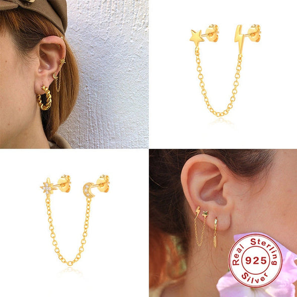 Solid Sterling Silver Vermeil Pave Threader Stud Earrings, Crescent Moon Flash Star Earrings, Cartilage Earrings, Minimal Earrings YCZ216