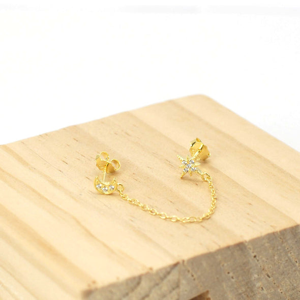 Solid Sterling Silver Vermeil Pave Threader Stud Earrings, Crescent Moon Flash Star Earrings, Cartilage Earrings, Minimal Earrings YCZ216