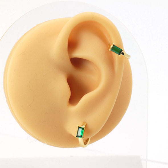Solid Sterling Silver Vermeil Huggies Earrings, Green Cubic Zirconia Hoop Earrings, Minimalist Huggies Earrings, Cartilage Earrings YCZ213