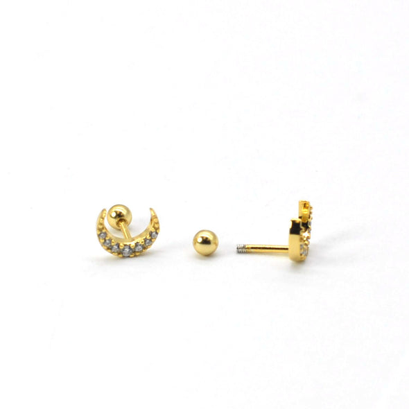 Solid Sterling Silver CZ Pave Crescent Moon Screw Back Earrings, Cartilage Earrings, Helix Tragus Stud Earrings, Minimalist YCZ212