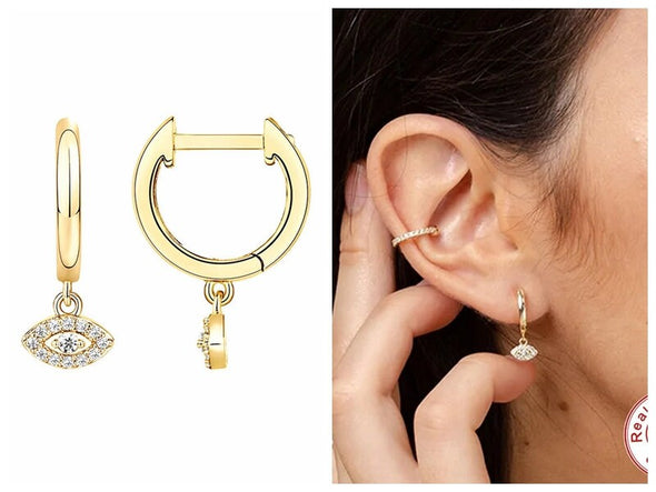 Solid 925 Sterling Silver Hoop Earrings, CZ Pave Evil Eye Hoop Earrings, Minimalist Earrings, Delicate Huggies, Hoop 12mm YCZ402