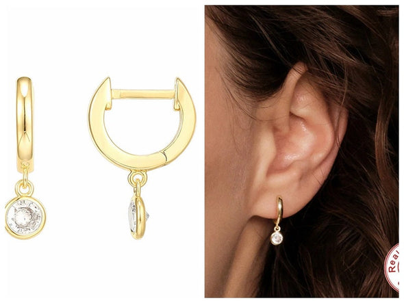 Solid 925 Sterling Silver Hoop Earrings, Cubic Zirconia Round Dot Hoop Earrings, Minimalist Earrings, Delicate Huggies, Hoop 12mm YCZ404