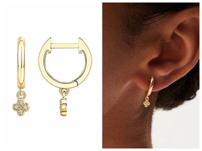 Solid 925 Sterling Silver Hoop Earrings, CZ Pave Clover Flower Hoop Earrings, Minimalist Earrings, Delicate Huggies, Hoop 12mm YCZ405