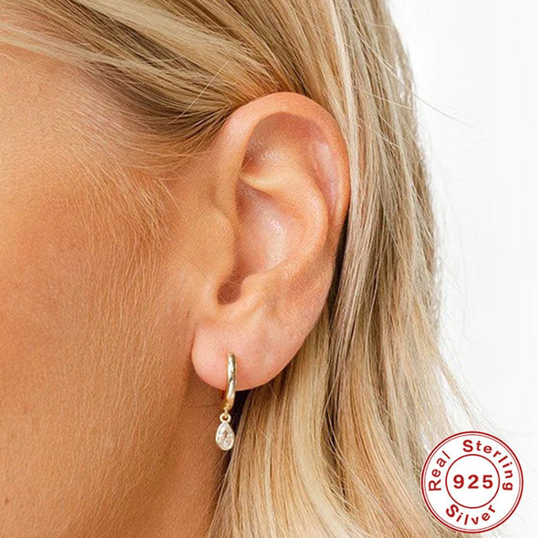 Solid 925 Sterling Silver Hoop Earrings, Cubic Zirconia Tear Drop Hoop Earrings, Minimalist Earrings, Delicate Huggies, Hoop 12mm YCZ406