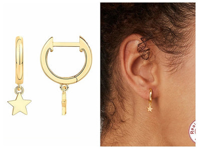 Solid 925 Sterling Silver Vermeil Hoop Earrings, Star Hoop Earrings, Minimalist Earrings, Delicate Huggies, Hoop 12mm YCZ408