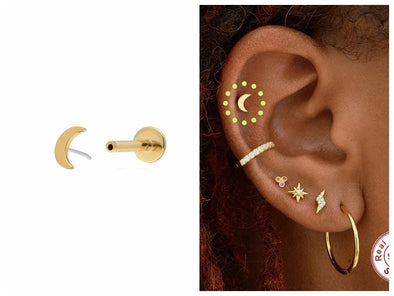 1PC/1 Pair Sterling Silver Crescent Moon Threadless Push In Flat Back Labret, Conch Earring, Cartilage Stud Earrings, Tragus Stud 16g YCZ412