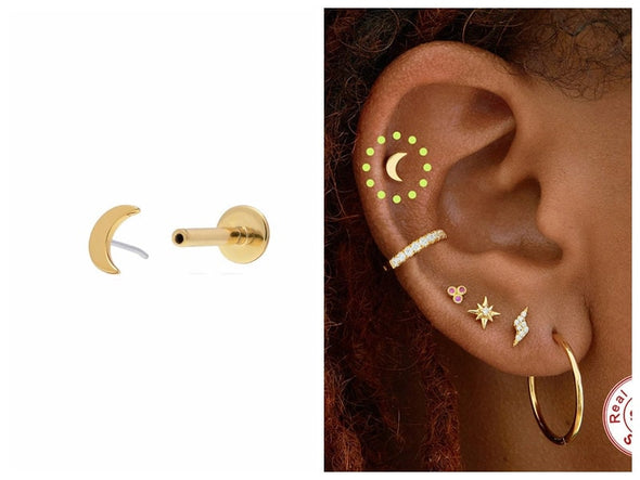 1PC/1 Pair Sterling Silver Crescent Moon Threadless Push In Flat Back Labret, Conch Earring, Cartilage Stud Earrings, Tragus Stud 16g YCZ412