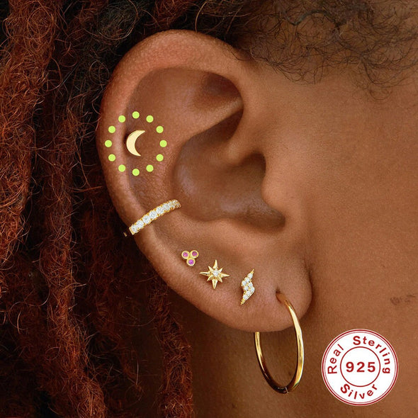 1PC/1 Pair Sterling Silver Crescent Moon Threadless Push In Flat Back Labret, Conch Earring, Cartilage Stud Earrings, Tragus Stud 16g YCZ412
