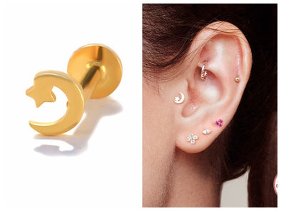 1PC/1 Pair Solid Sterling Silver Vermeil Tiny Moon And Star Flat Back internally threaded earrings, Conch Cartilage Helix Stud, 16g YCZ893