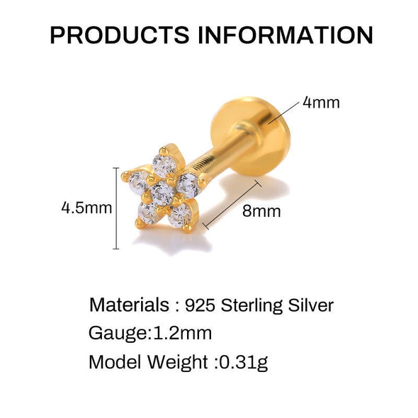 1PC/1 Pair Sterling Silver CZ Flower, Star Flat Back internally threaded earring, Conch Earring, Cartilage Earrings, Tragus Stud 16g YCZ884