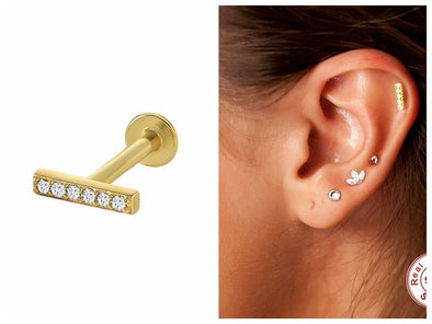 1PC/1 Pair Solid Sterling Silver CZ Stick Flat Back internally threaded Labret Earrings, Conch Earring, Cartilage Tragus Stud 16g YCZ888