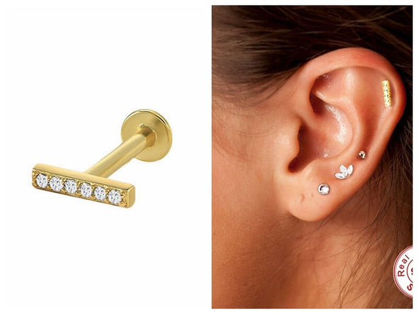 1PC/1 Pair Solid Sterling Silver CZ Stick Flat Back internally threaded Labret Earrings, Conch Earring, Cartilage Tragus Stud 16g YCZ888