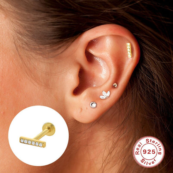 1PC/1 Pair Solid Sterling Silver CZ Stick Flat Back internally threaded Labret Earrings, Conch Earring, Cartilage Tragus Stud 16g YCZ888