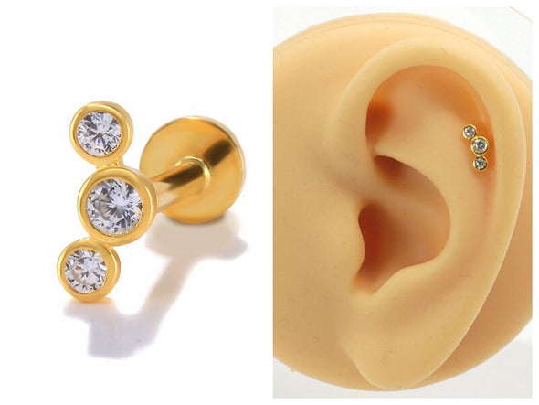 1PC/1 Pair Vermeil Solid Sterling Silver CZ 3 Dots internally threaded earring, Conch Earring, Cartilage Helix Stud earrings 16g YCZ885