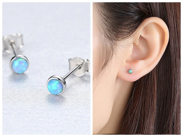 Sterling Silver 1 Pair S925 Natural Blue Opal Earrings, Tiny Earrings, Dainty Earrings, Delicate Stud, Minimal Earrings 4mm YCZ1001-S-Blue