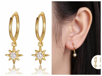 Solid 925 Sterling Silver Vermeil Hoop Earrings, Starburst Hoop Earrings, Minimalist Earrings, Delicate Huggies, Hoop 11mm YCZ1201