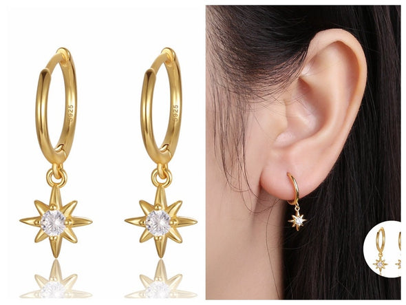 Solid 925 Sterling Silver Vermeil Hoop Earrings, Starburst Hoop Earrings, Minimalist Earrings, Delicate Huggies, Hoop 11mm YCZ1201